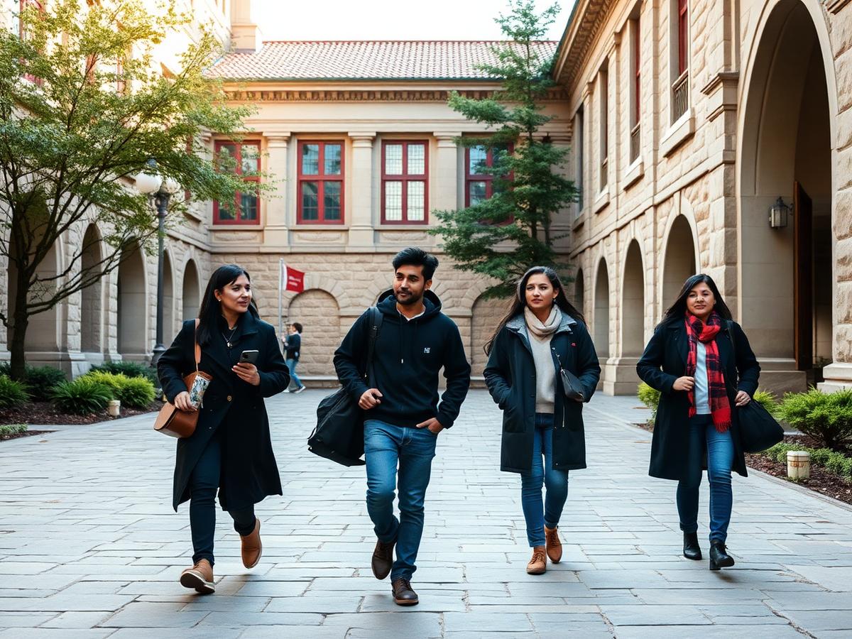 International students walking through a university courtyard